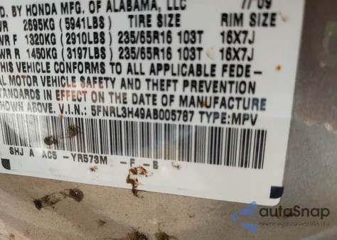 2010 Honda Odyssey Ex from USA, damaged, VIN 5FNRL3H49AB005787